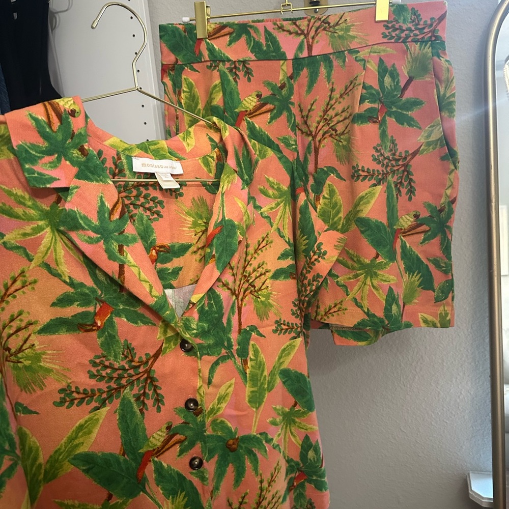 Farm Rio INSPIRED set Green and Pink Leaf Print Women two piece set